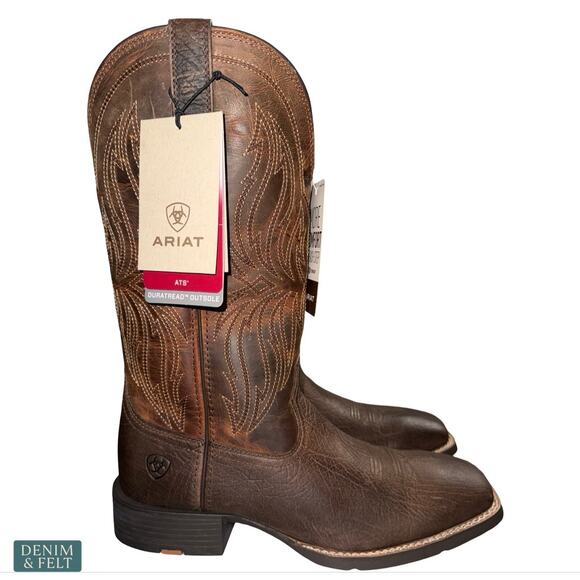 NEW Ariat Sport Rustler Wide Square Toe Cowboy Boots Brown Leather Western 9.5D main image 5